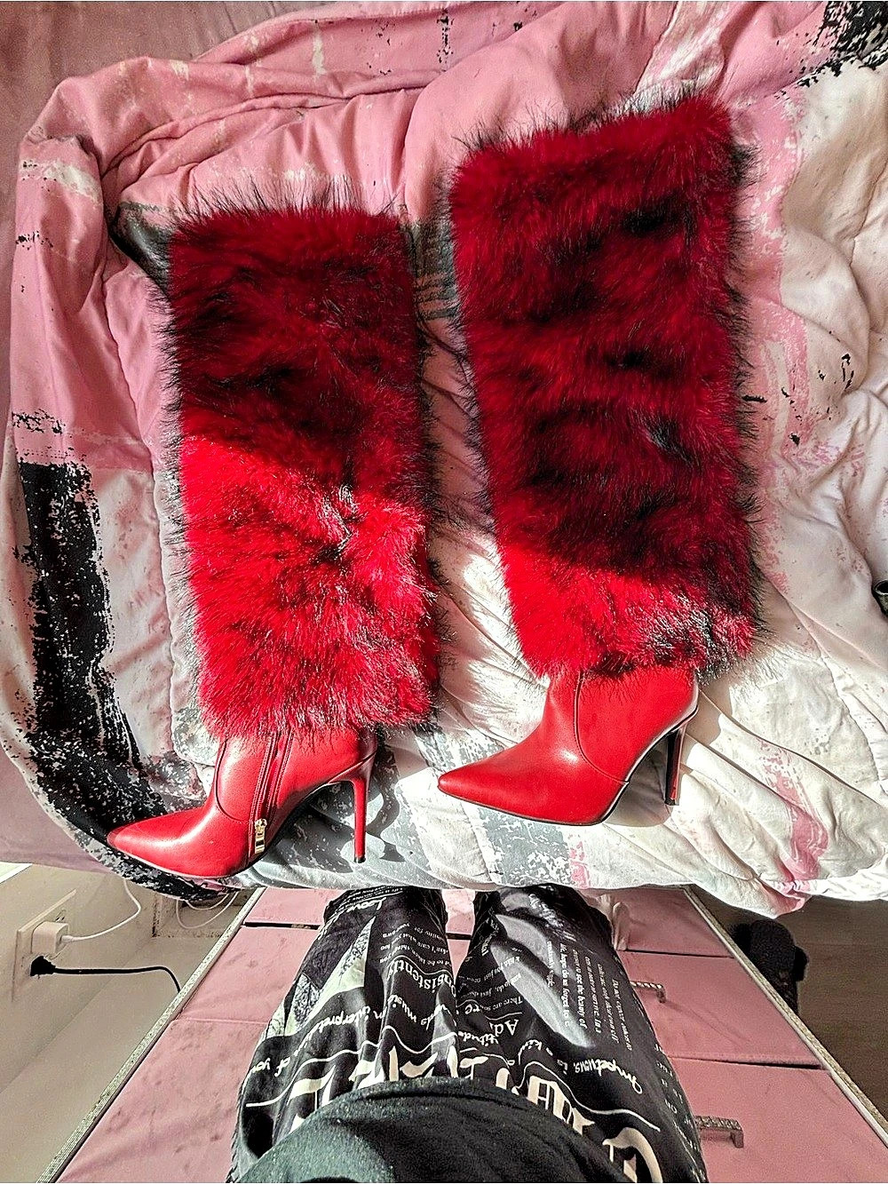 Red Faux Fur Knee-High Heels US 7.5